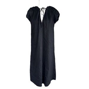 Theory Angela Black Linen Blend Tie Neck Smocked Midi Dress - M